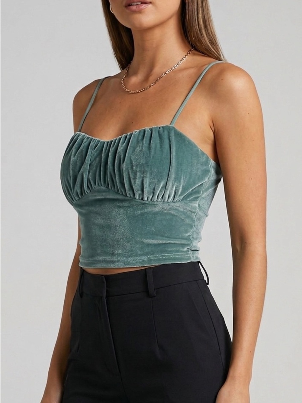 Princess Polly Velvet Ruched Bust Crop Cami - Sage Green